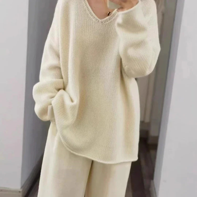 100% Pure Wool Loose V-neck Sweater Autumn Winter New Knitted Pullover Casual Fashion Korean Version Medium Long Tops Large Size