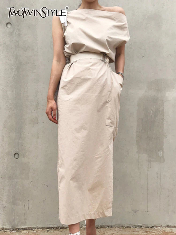 TWOTWINSTYLE Asymmetrical Sashes Dress For Women Slash Neck Short Sleeve High Waist Casual Dresses Female Fashion New Clothing