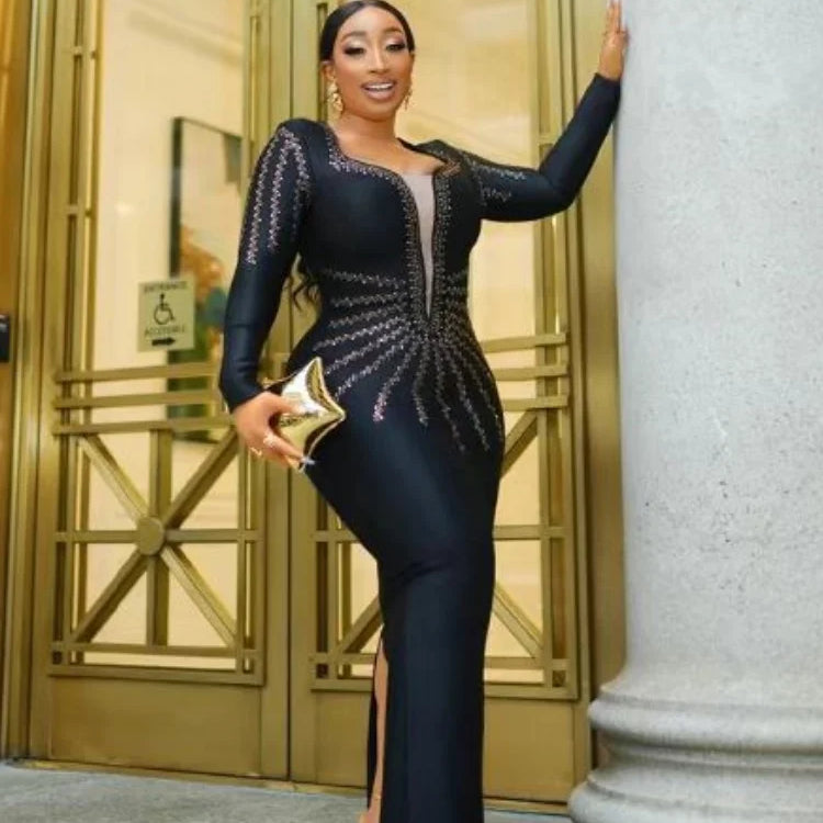 Women Long Sleeve Sexy Golden Rhinestones Bodycon Long Bandage Dress Nightclub Party Celebrate Fashion Dress