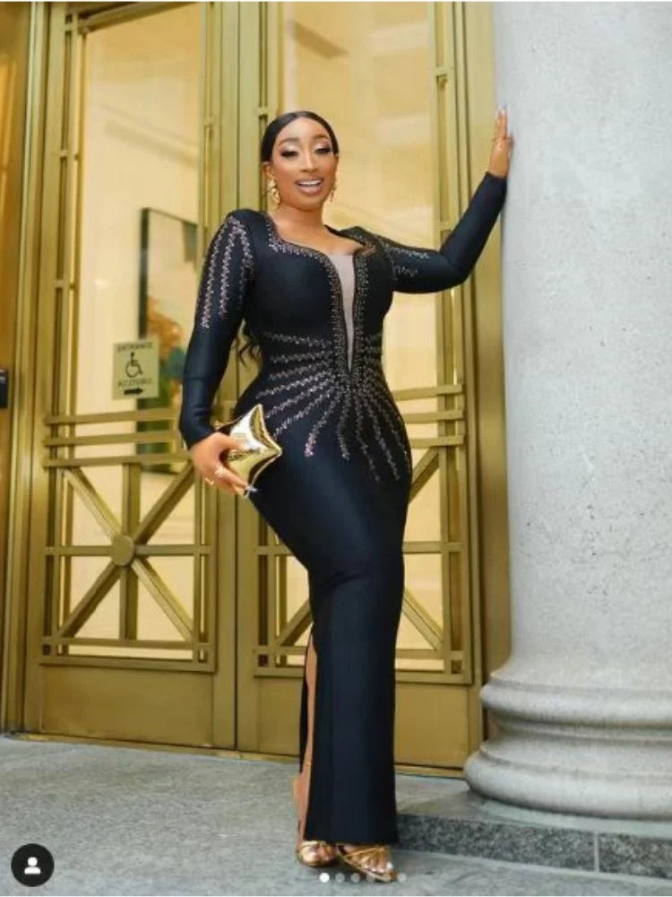 Women Long Sleeve Sexy Golden Rhinestones Bodycon Long Bandage Dress Nightclub Party Celebrate Fashion Dress