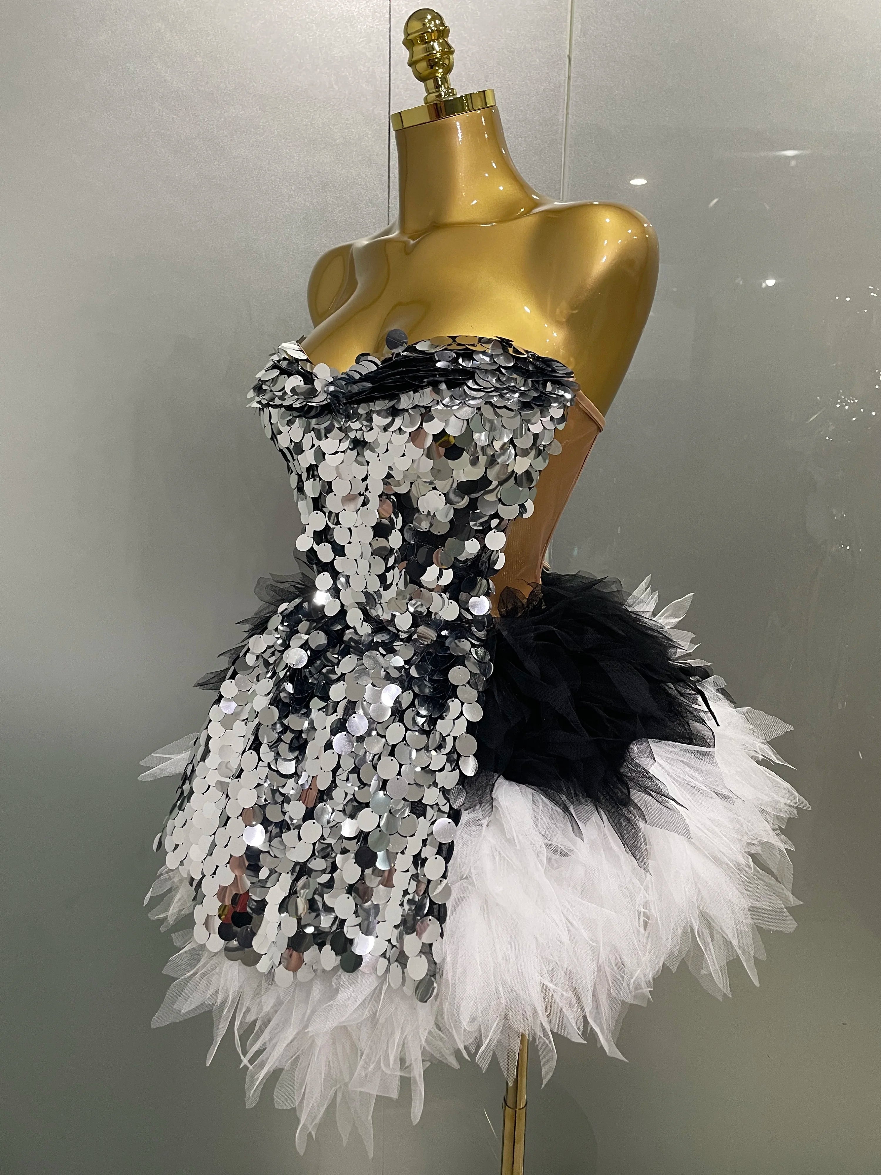 2025 New Stage Costume Women's Sparkly Sequin Mesh A Line Top Skirt 2 Pieces Set Nightclub Party Birthday Dress Photo Shoot Wear