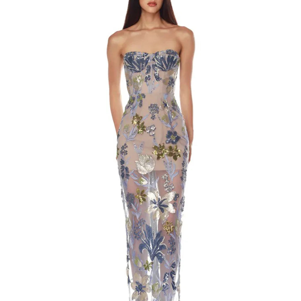 2025 New Fashion Women Sexy Strapless Embroidery Bodycon Long Dress Fashion Celebrate Evening Party Birthday Outfit