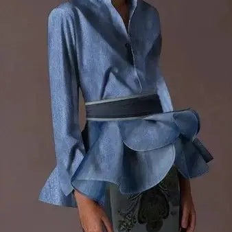 Modigirl New Autumn Vintage Blouses Women's Flared Sleeves Blouse Urban Flower Printed Elegant Shirts Tops for Woman light blue