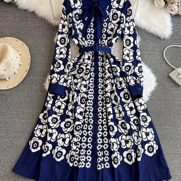 Fashion Designer Vintage Floral Print Maxi Dress Women Turn Down Collar Bow Lace Up Contrast Color Runway Long Robe Vestidos