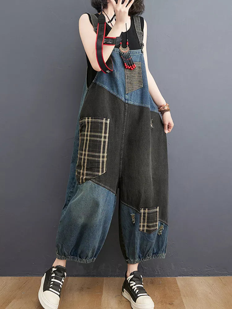 Korean Fall Jeans Women Plaid Ripped Denim Overalls Ladies Vintage Punk Loose Pants Luxury Classic Casual Trousers 001 One Size
