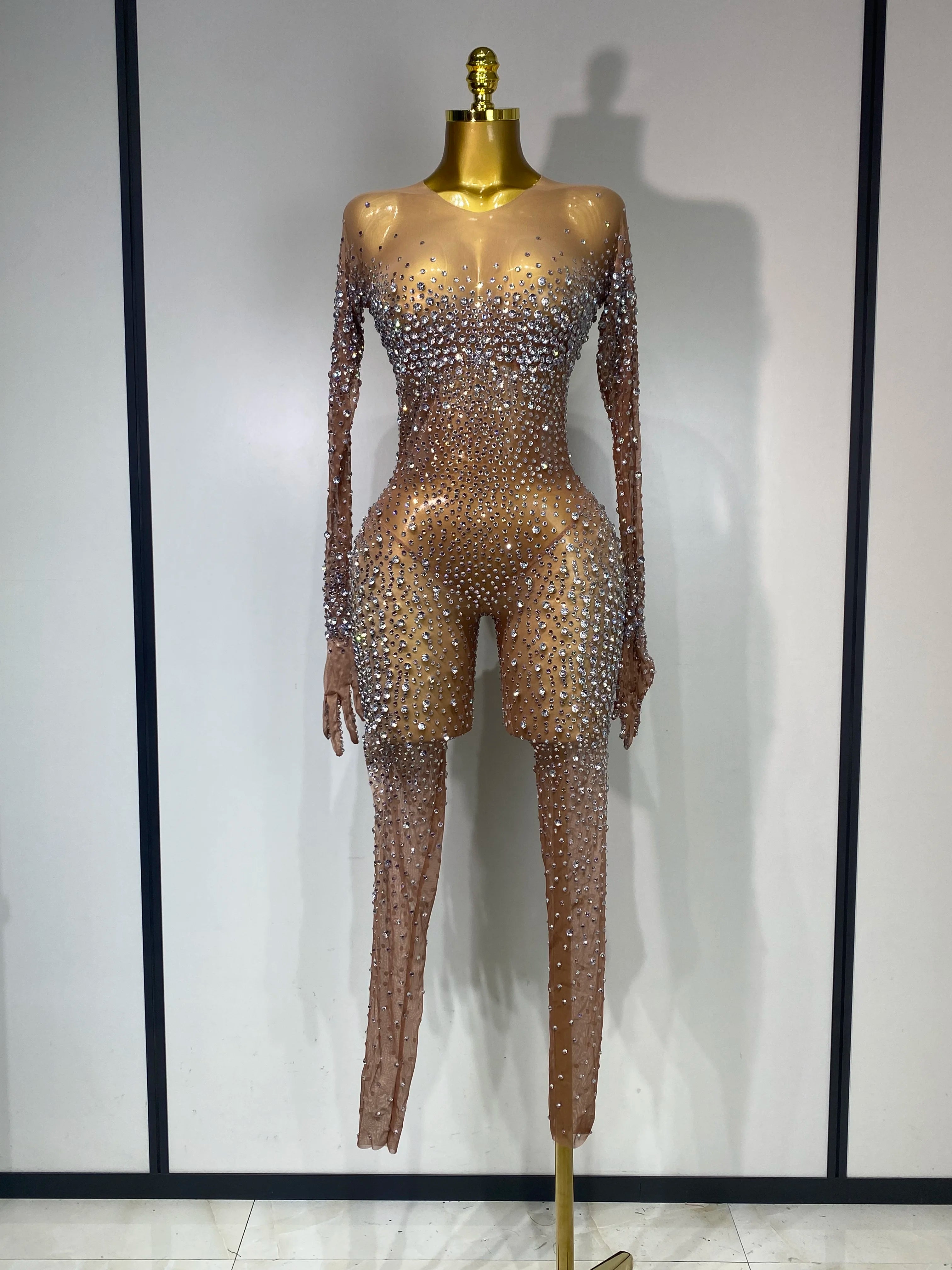 Luxury Rhinestones Bodycon Jumpsuit Sexy Women Mesh See Through Birthday Gown Women Bar Nightclub Dancer Stage Outfit