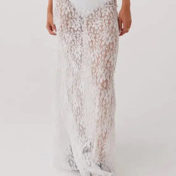 Lace Skirt Women White See Through Floral Lace Low Waist Midi Skirts y2k Aesthetic Fairycore Beach Skirt Clubwear WHITE