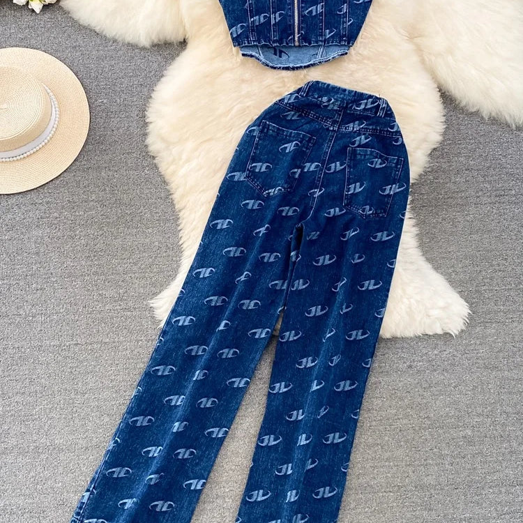 Fashion Set Women's Retro American Style Bra Denim Tank Top Two Piece Casual High Waist Slim Straight Trouser Set