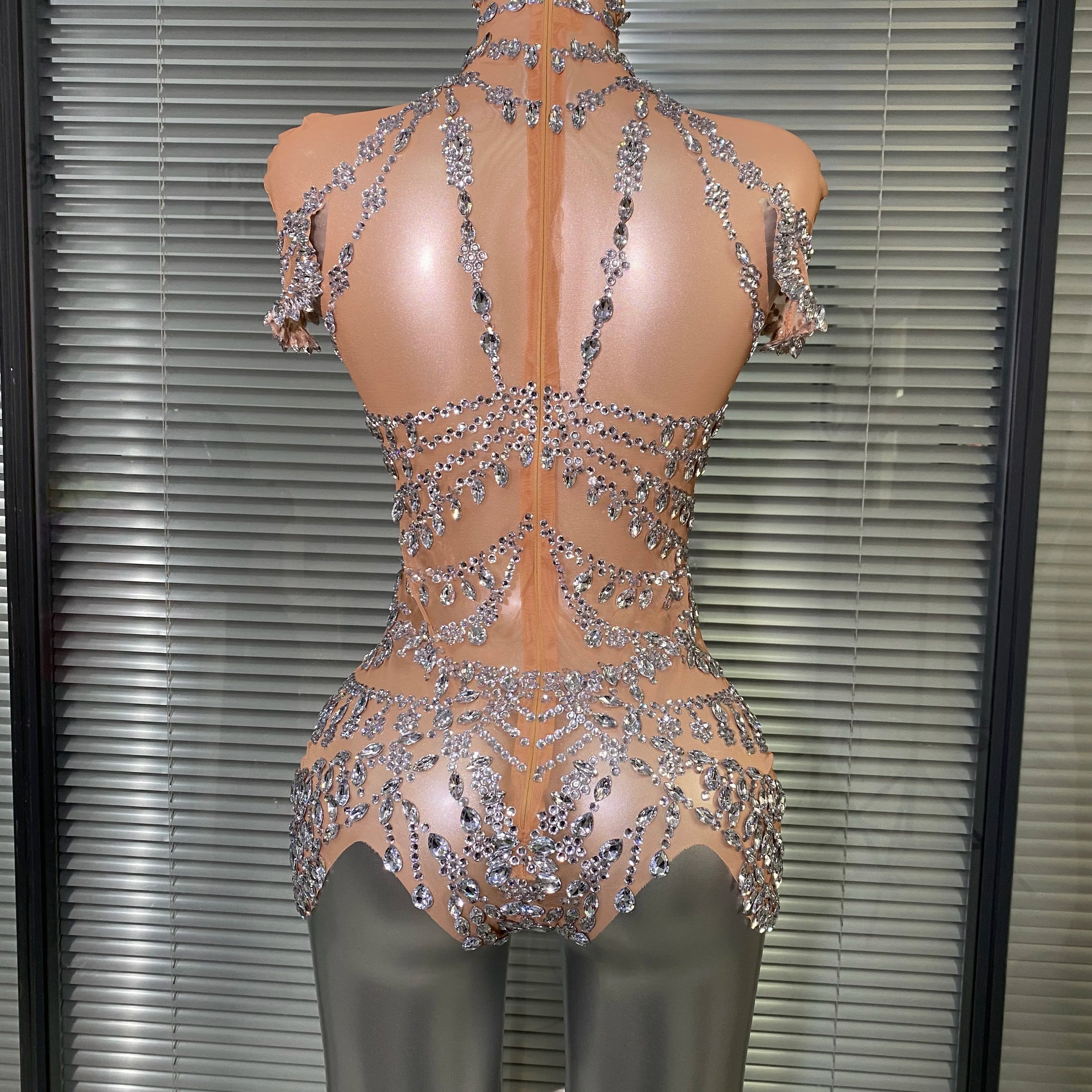 Celebrity New Women Sexy Skin See Through Sheer Diamonds Stretchy Night Club Singer Dancer Stage Costume Party Bodysuit