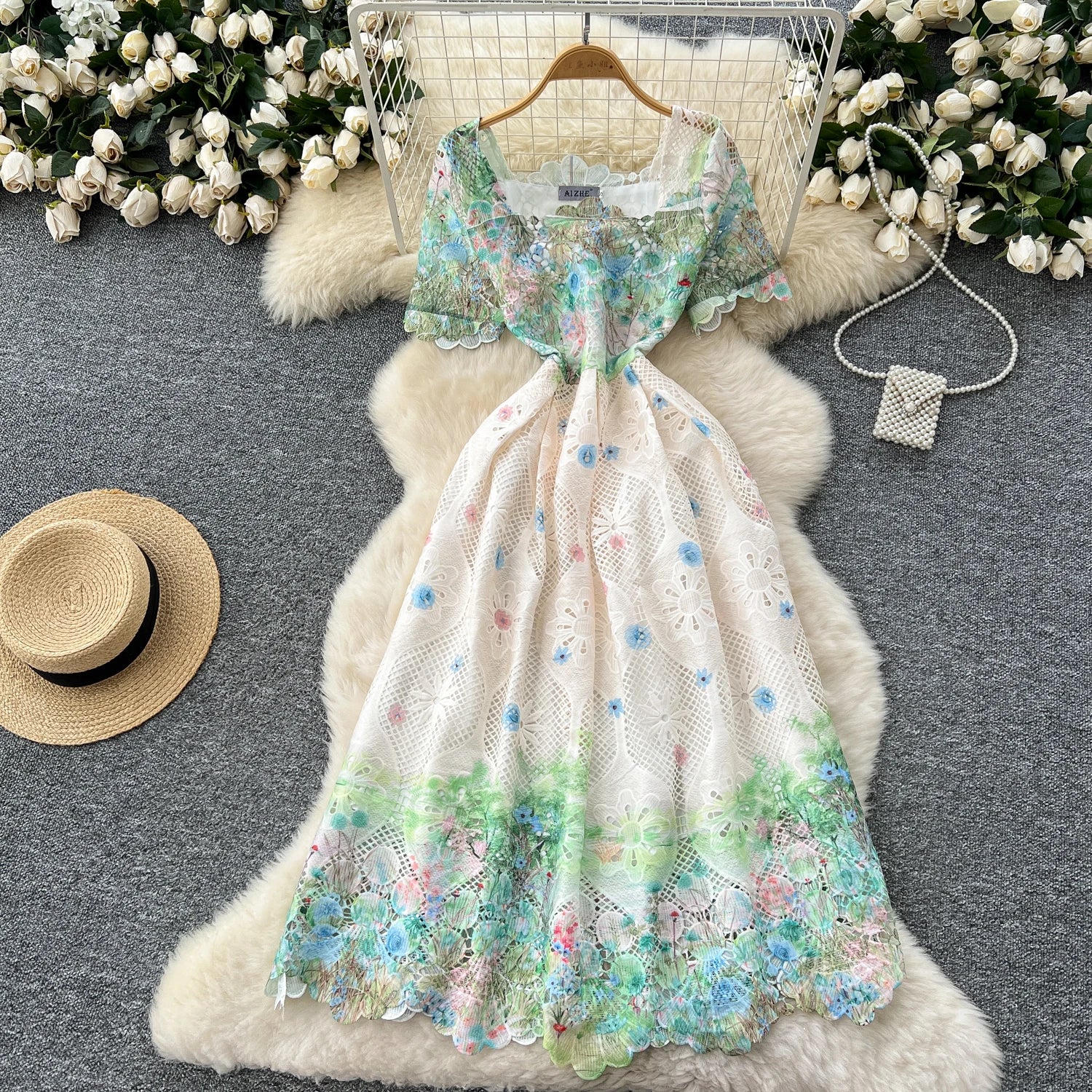Hook flower hollow lace  pleated  Elegant Bodycon Dress Slim Party Club  Vintage Dress Korean Fashion Women Clothes
