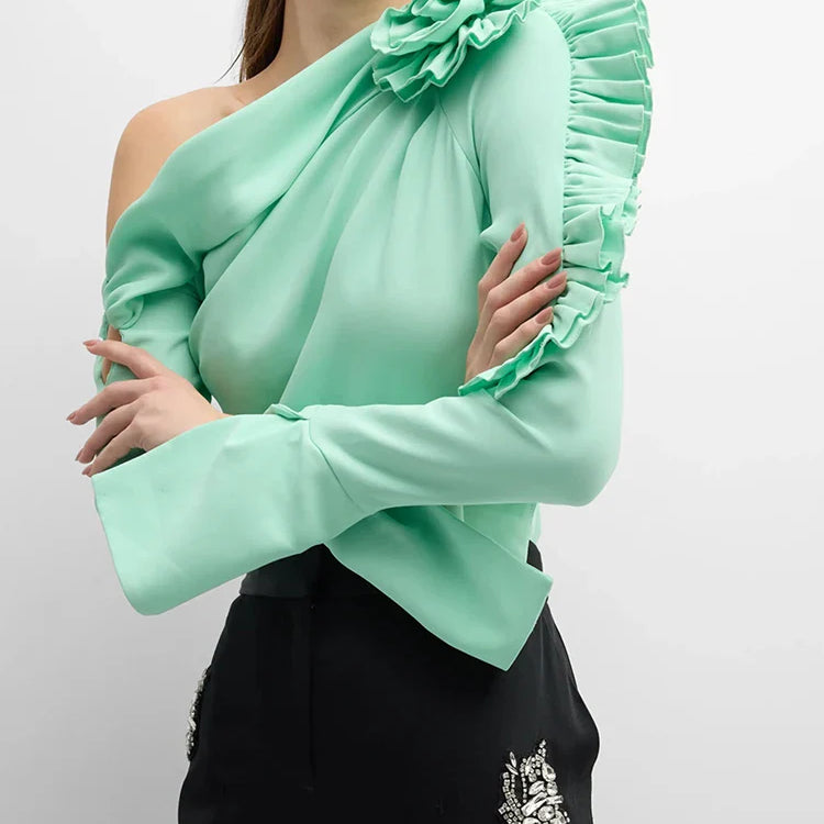 Patchwork Appliques Asymmetrical Blouse For Women Diagonal Collar Long Sleeve Solid Pullover Shirts Female Fashion