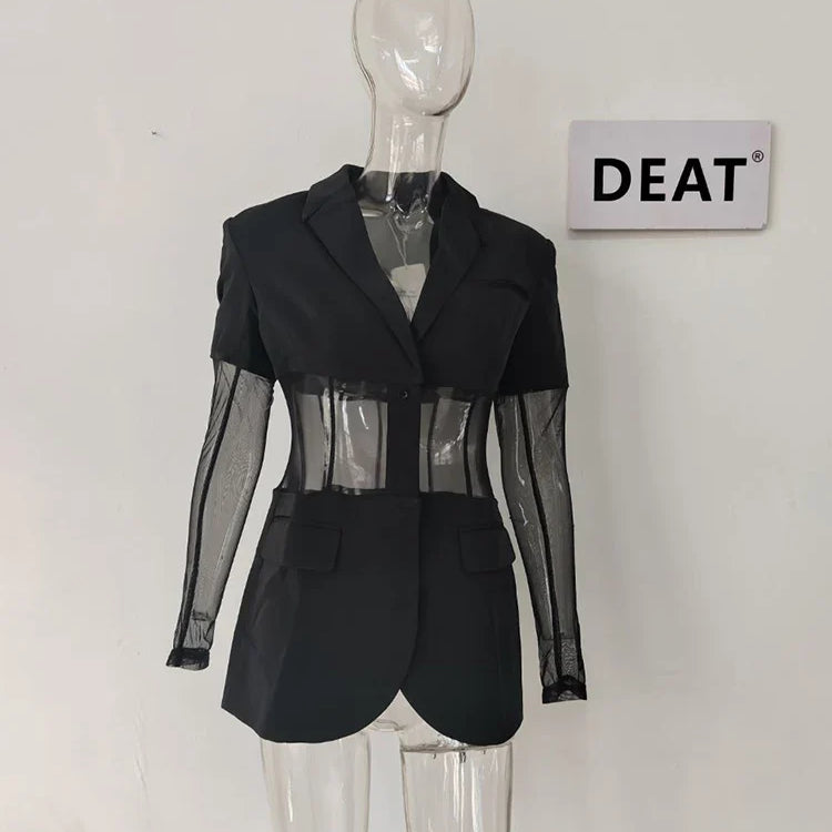 DEAT Fashion Women's Blazer New Notched Collar Patchwork See-through Mesh Single Breasted Slim Suit Jackets Autumn 17A2745 perspective yarn
