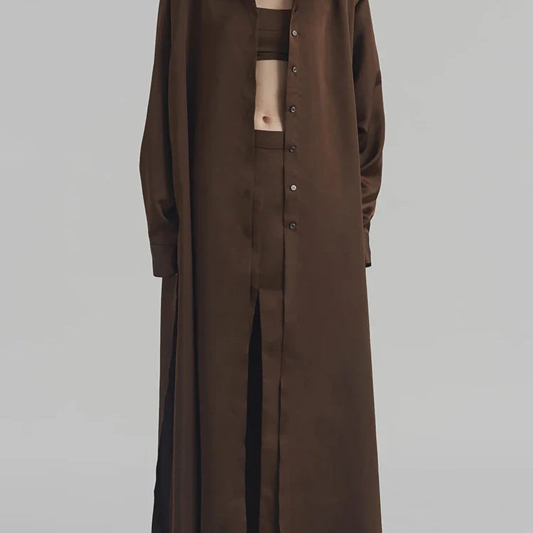 Solid Minimalist Split Dresses For Women Lapel Long Sleeve High Waist Patchwork Single Breasted Loose Dress Female