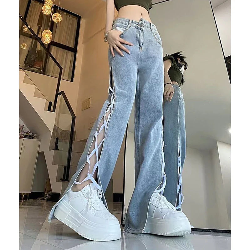Casual Split Straight Jeans Women Fashion Hollow Out Bandage Design Trousers Woman Korean Style High Waist Blue Denim Pants 2024 Blue no belt CHINA