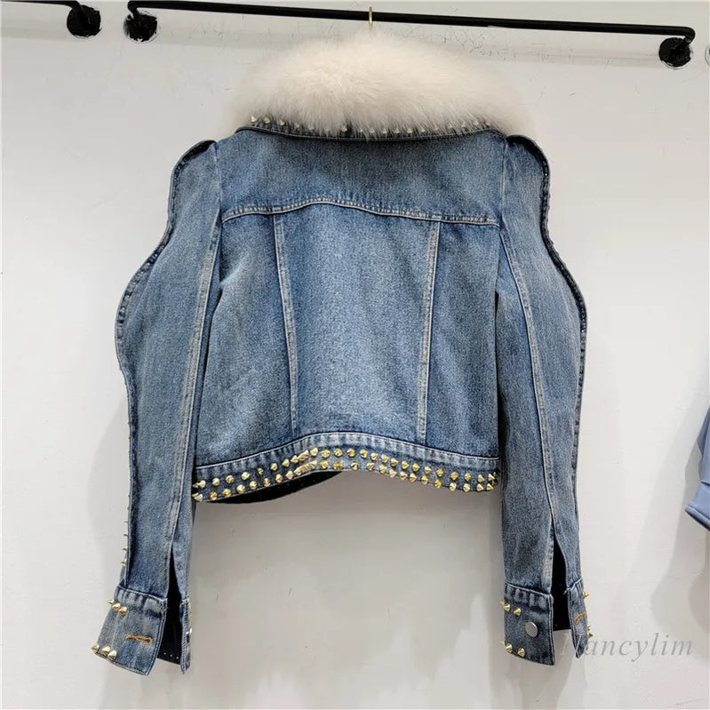 European Street Winter Denim Jacket Women's Fleece-Lined Thickened Warm Street Short Parka Clothes Casaco Feminino