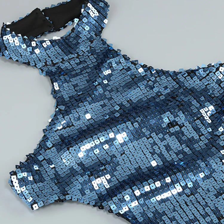 Sexy Backless Halter Mesh Sequins Navy Blue Midi Women Celebrity Dress 2024 Elegant Party Evening Club Vestido