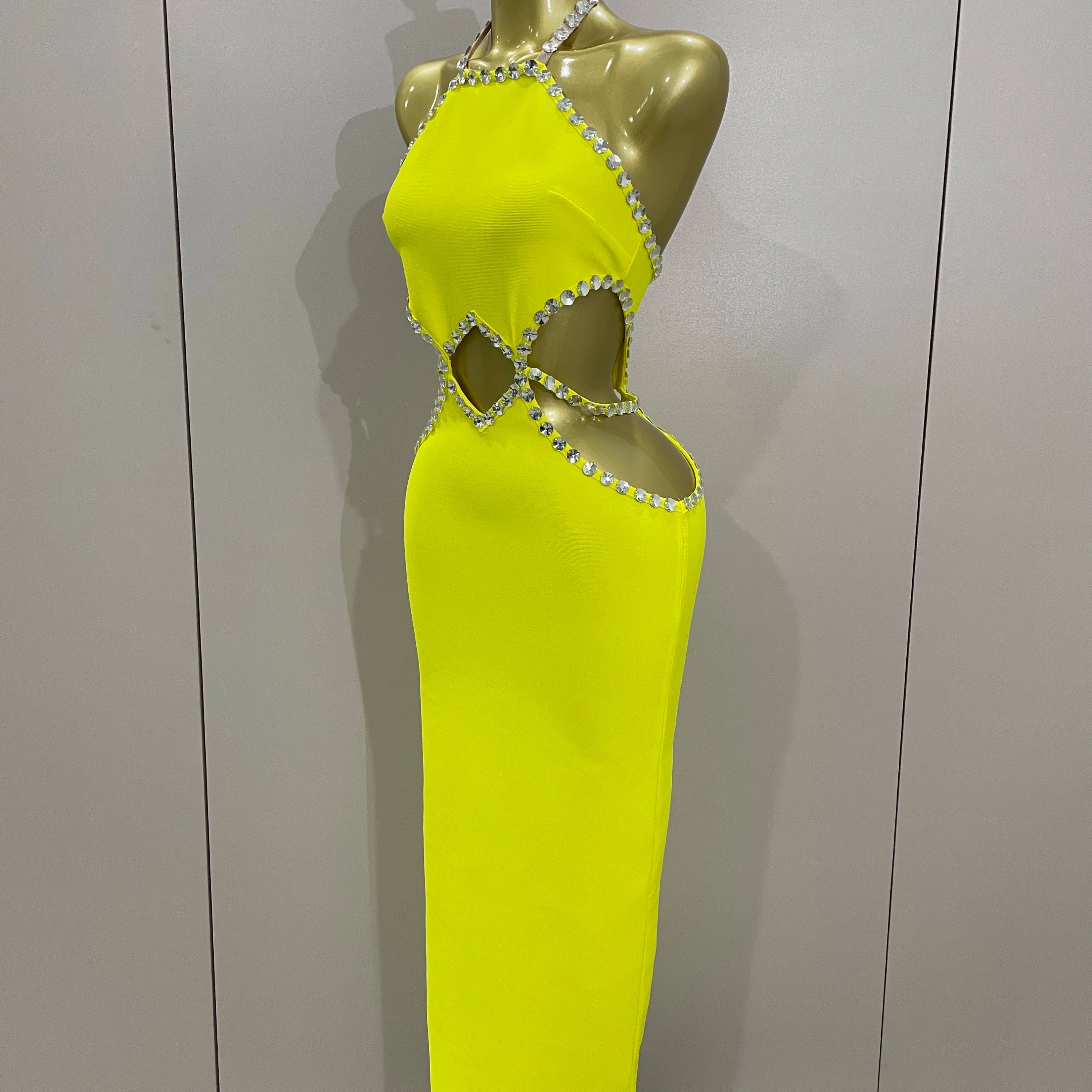 Vestido longo longo, sensual, frente única, com contas, amarelo-limão, 2025, elegante, para festa de aniversário, clube noturno