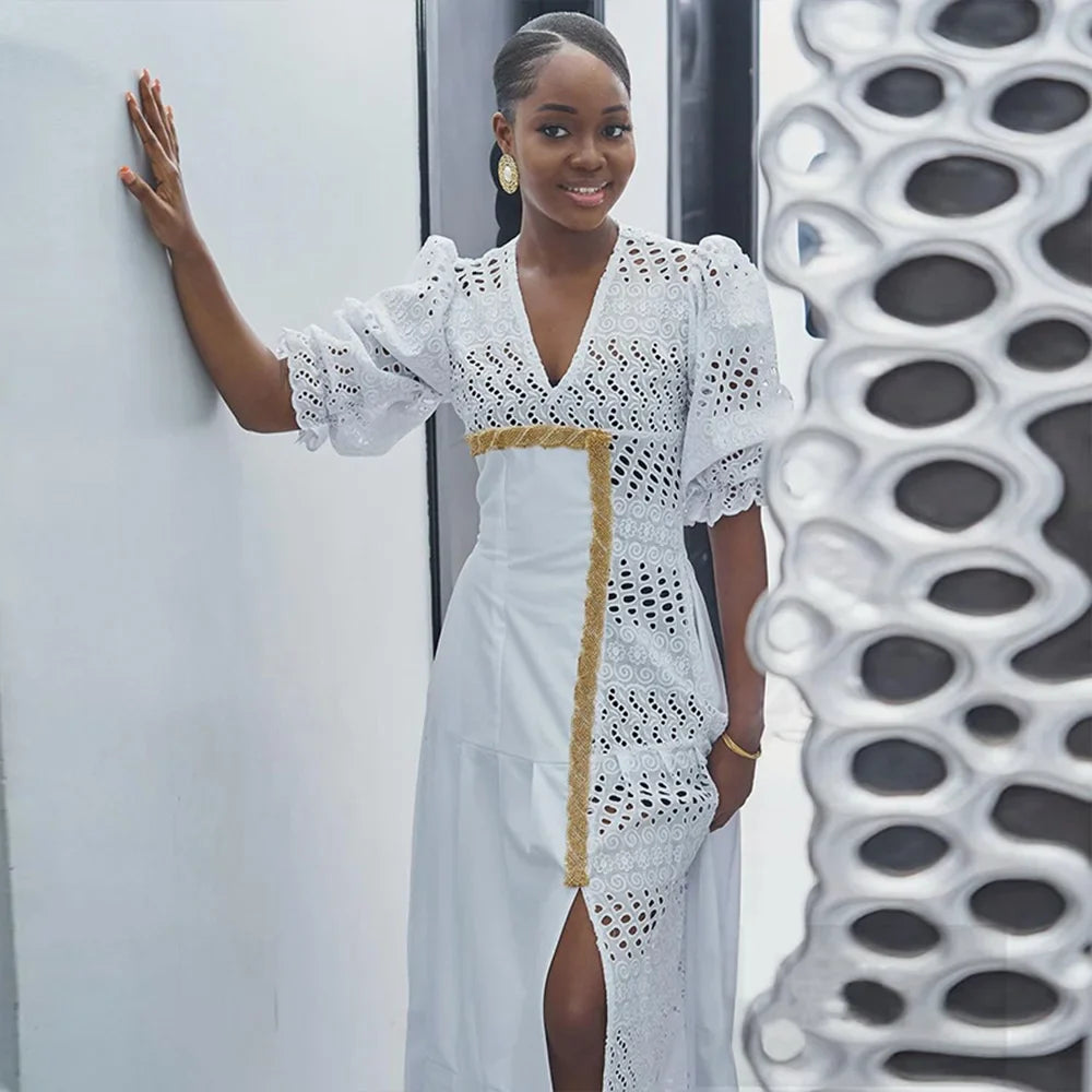 White Sexy V-neck Hollow Dresses Summer Fashion Women Puff Sleeve Slim High Split Long Dress Casual High Street Dress