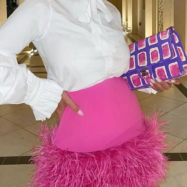 DEAT Spliced Feather Skirt Women Elastic Waist Slim Short Style Sexy Solid Color New Fashion Versatile Female 33A034