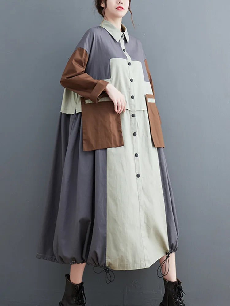 Patchwork Shirt Dresses For Women's Autumn Spring Minority Y2k Contrast big size Dress With Long Sleeve