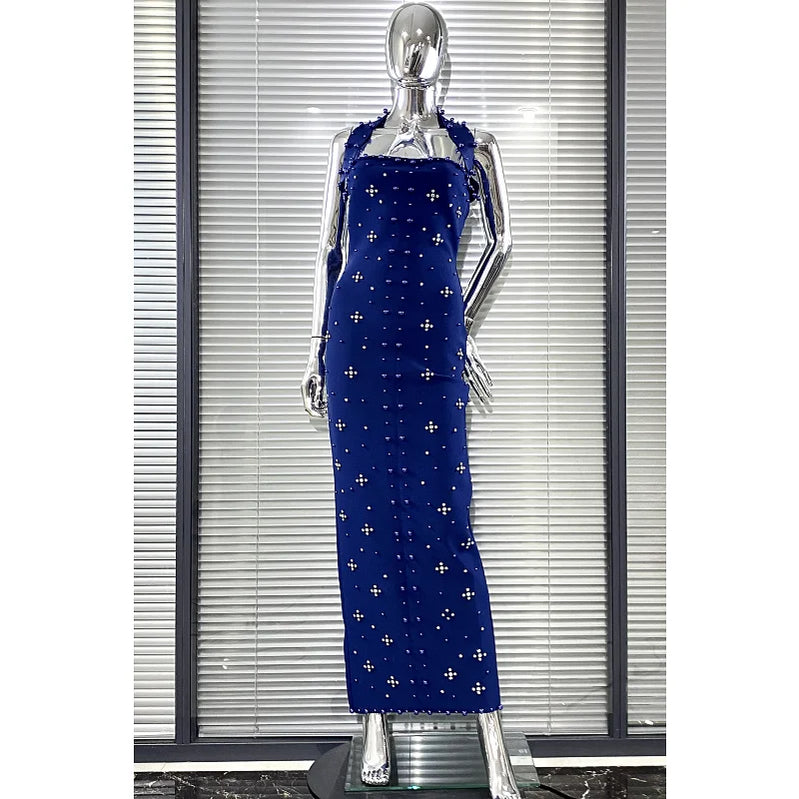 Luxury Shining Diamond Pearl Beading Halter Ankle Length Bandage Dress Elegant Woman Evening Party Vestido Birthday Party Outfit
