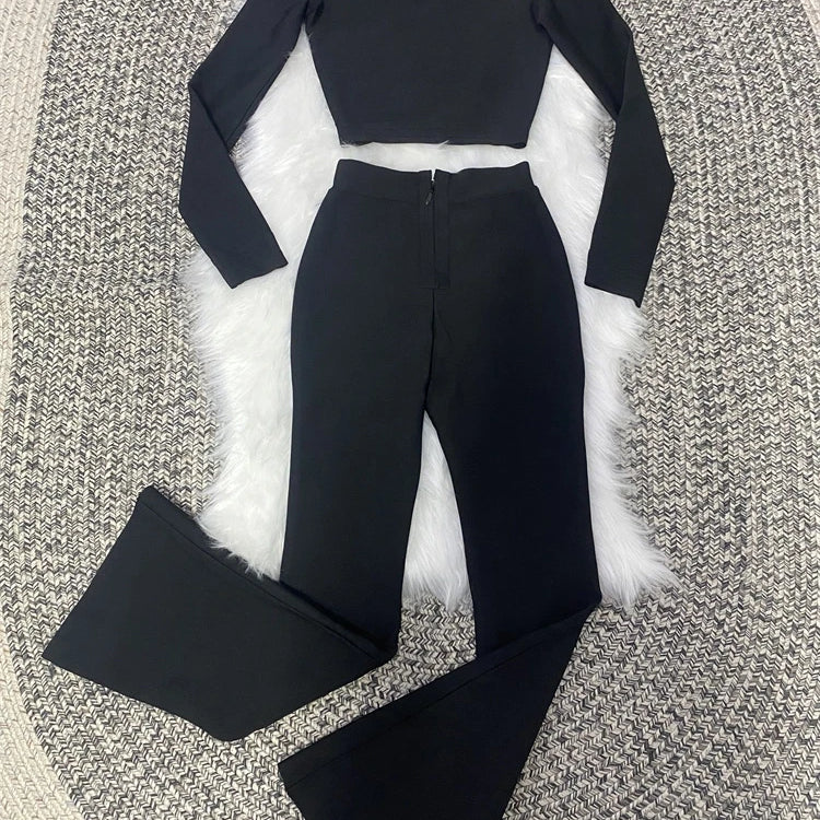 New Autumn Style Black Color Women Fashion Office Lady Slim Coat Pants Set Rayon Bandage Celebrate Evening Party Women's Set