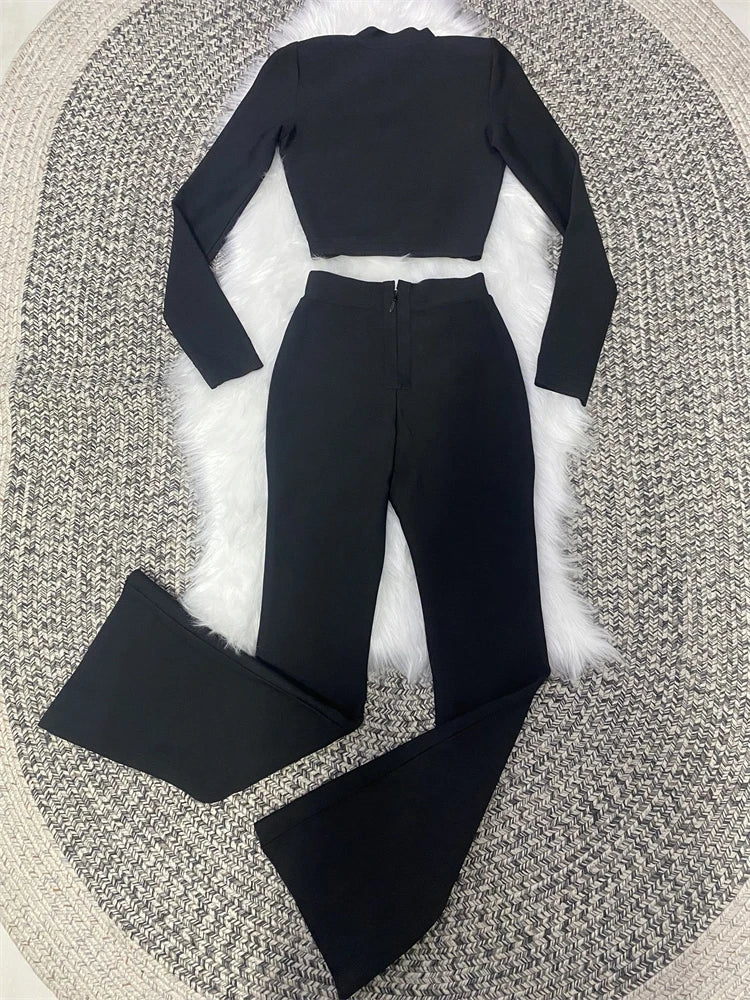 New Autumn Style Black Color Women Fashion Office Lady Slim Coat Pants Set Rayon Bandage Celebrate Evening Party Women's Set