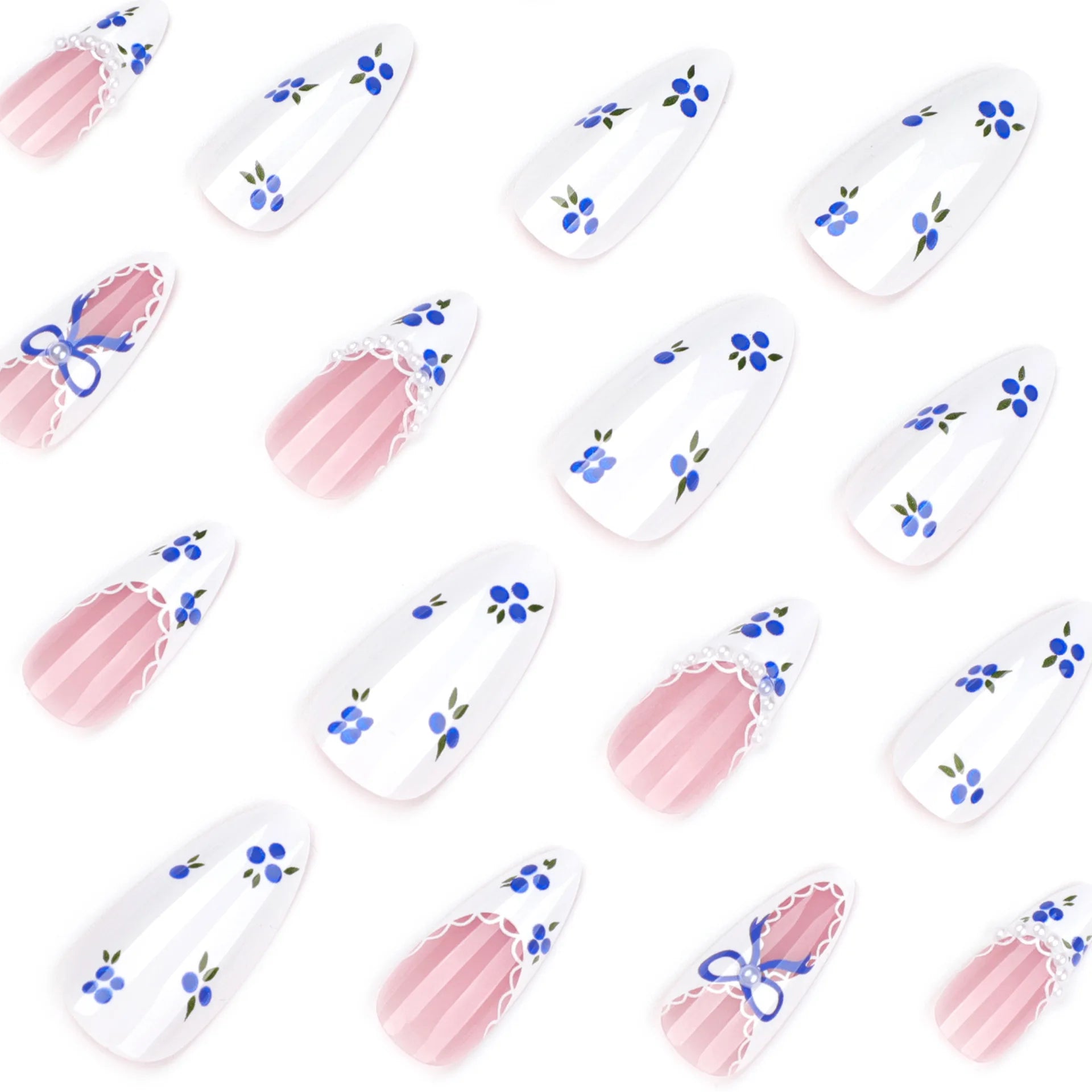 24pcs Glossy White Almond Fake Nails Blueberry Print Blue Bowknots French Style Press On Nails Pearl Decor Spring False Nail