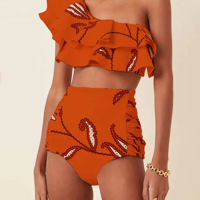 Women's Printed Ruffle Swimsuit Fashion One Shoulder Slash Breasted Bikini Two Piece High Waisted Tummy Tuck Beachwear 2023 New Lavender