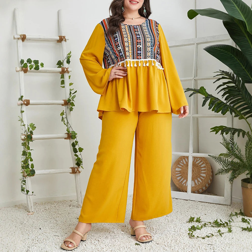 Plus Size Rafiah Women's Summer Sets Graphic Print Tassel Long Flare Sleeve Round-Neck T-Shirt Wide Leg Pant Casual Sets