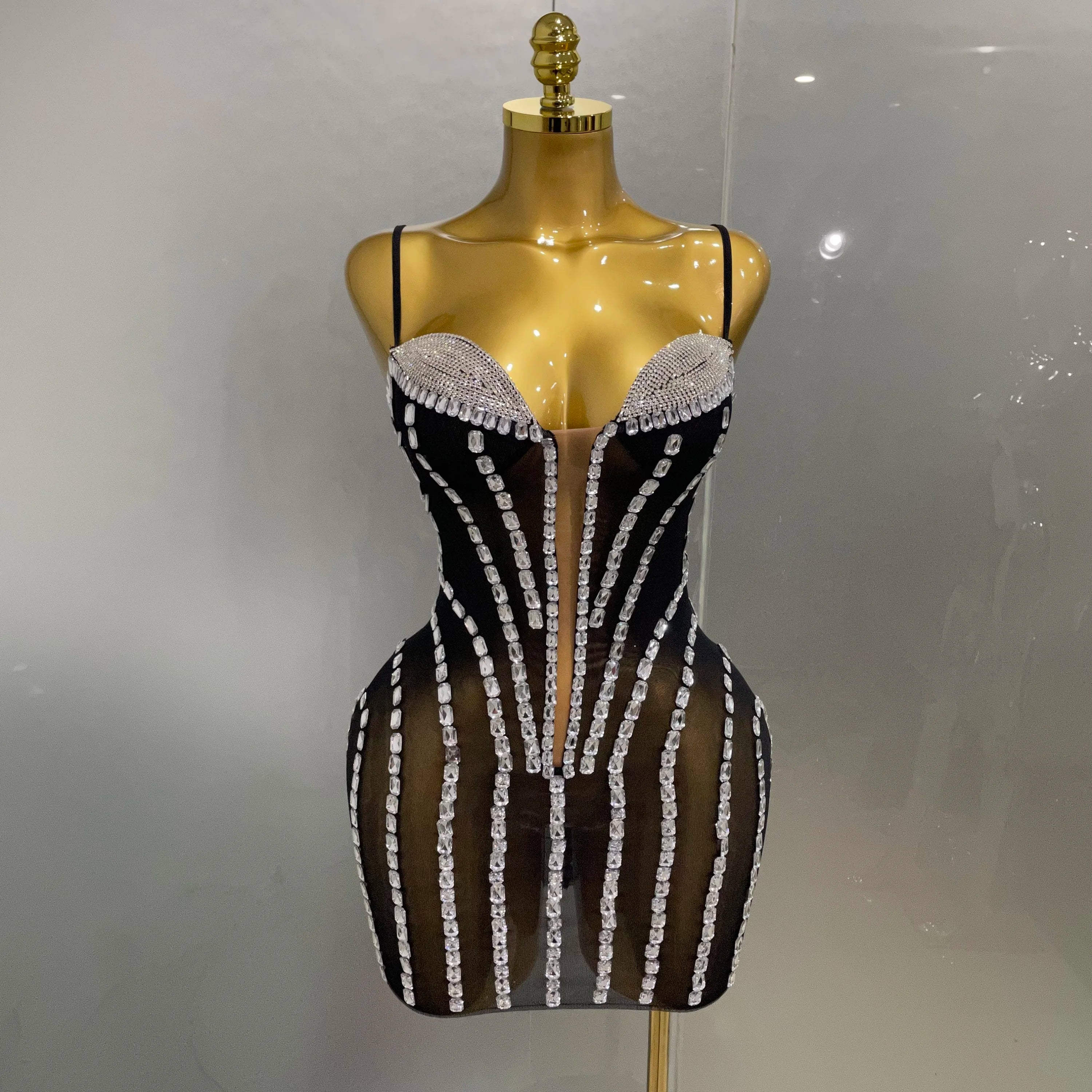 Sexy Sparkly Rhinestones Mesh See Through Short Slip Dress 2025Women Evening Birthday Party Prom Nightclub PhotoShoot Stage Wear