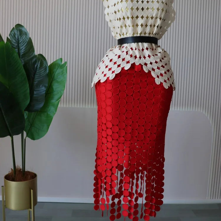 CM.YAYA Women Cutout O-neck Crop Top and Bodycon Midi Slim Maxi Long Skirt Suit 2025 Summer Vacation Sexy Two 2Piece Set Outfits Apricot-red-belt One Size