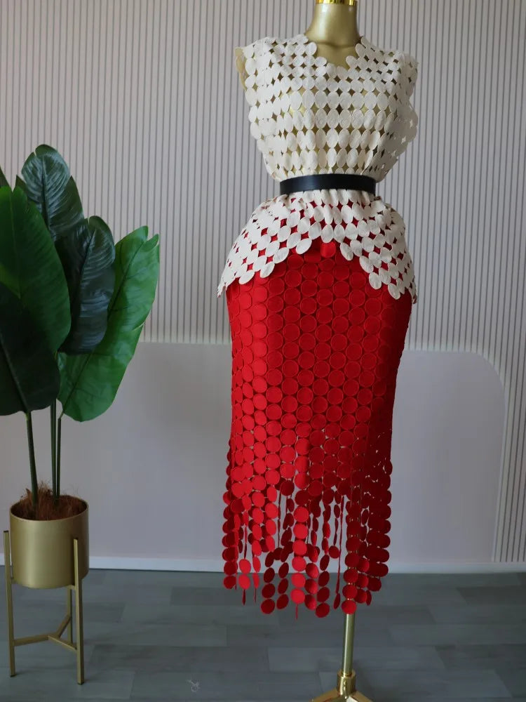 CM.YAYA Women Cutout O-neck Crop Top and Bodycon Midi Slim Maxi Long Skirt Suit 2025 Summer Vacation Sexy Two 2Piece Set Outfits Apricot-red-belt One Size