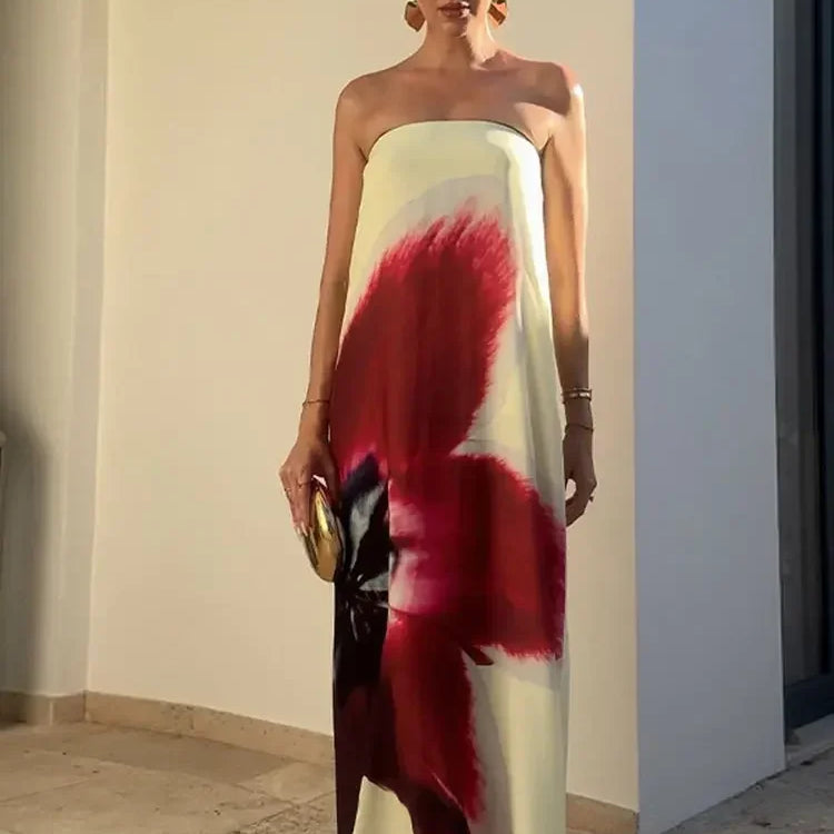 2025 New Floral Printed Strapless Loose Robes Women Sexy Off Shoulder Sleeveless Backless Maxi Dress Fashion Lady Party Vestidos