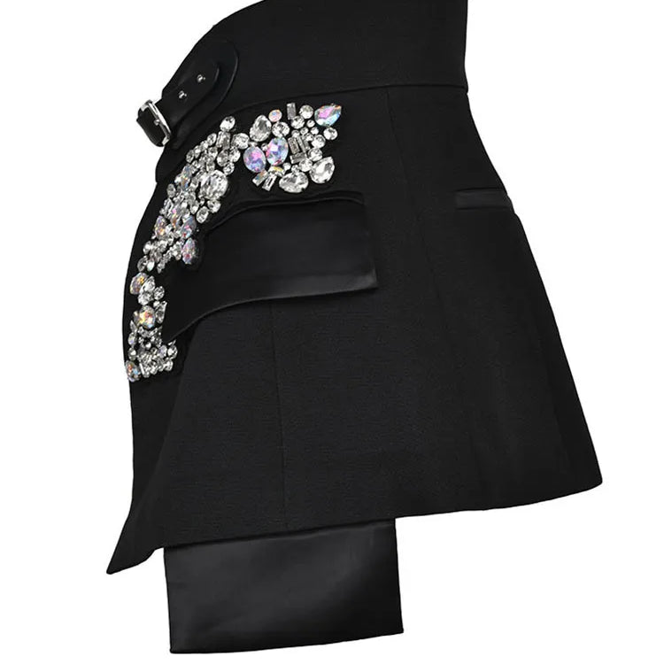 Black Irregular Rhinestones Belted Mini Half-body Skirt High Waist Women Fashion Tide New Spring Autumn