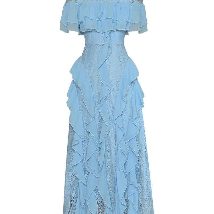 Summer Runway Ruffles Patchwork Lace Dresses for Women Blue Elegant Short Sleeve Party Dress Fashion Holiday Vestidos