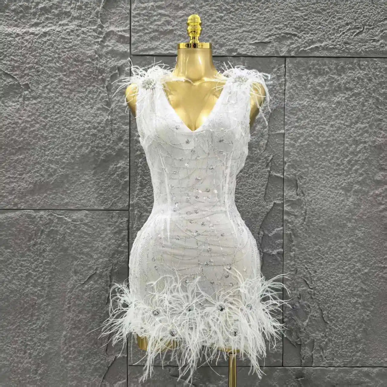 White Color Women Sleeveless V-Neck Bodycon Feathers Mini Dress Girls' Cute Birthday Party Cocktail Outfit Clothing
