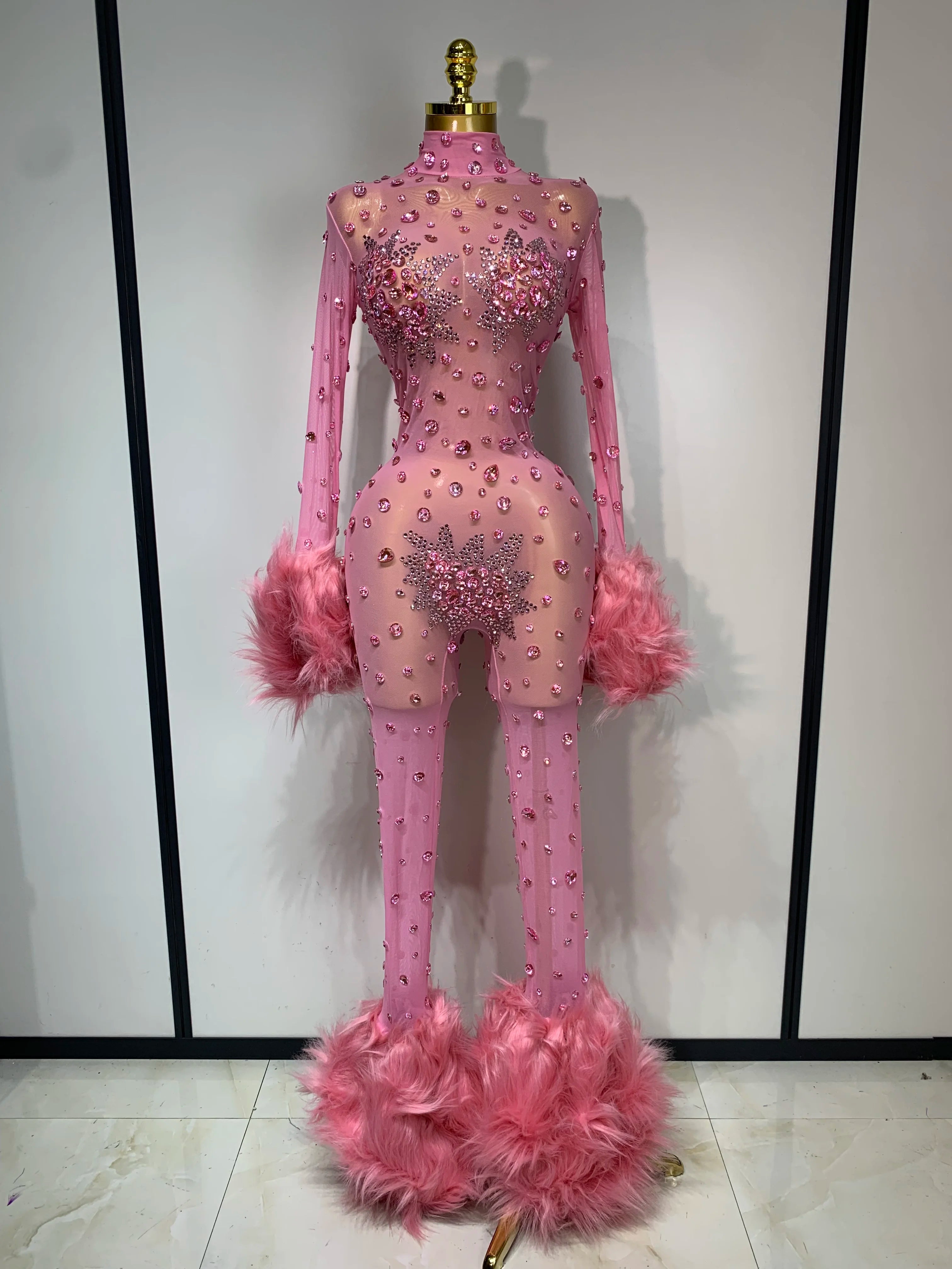 Shiny Diamond Mesh See Through Bodycon Jumpsuit Women Sexy Long Sleeve Performance Singer Costume Nightclub Stage Outfit