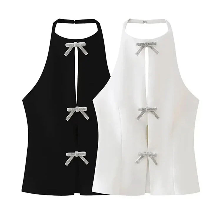 HH TRAF Summer Sexy Halter Tops Woman Fashion Solid O-Neck Sleeveless Hollow Out Backless Bow Decoration Female Elegant Slim Top