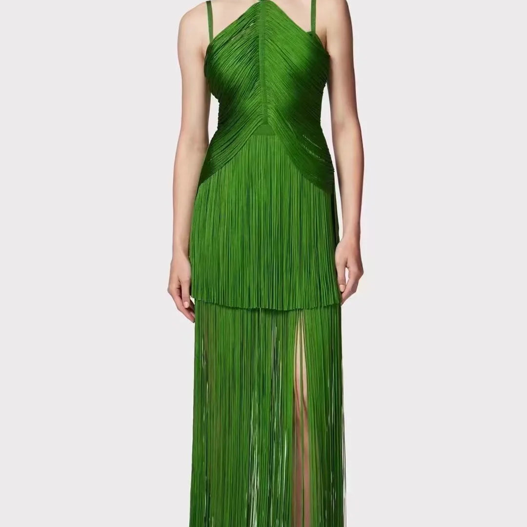 New Black Color Women Sleeveless Sexy Strap Long Tassel Bodycon Bandage Dress Celebrity Red Carpet Evening Party Outfit