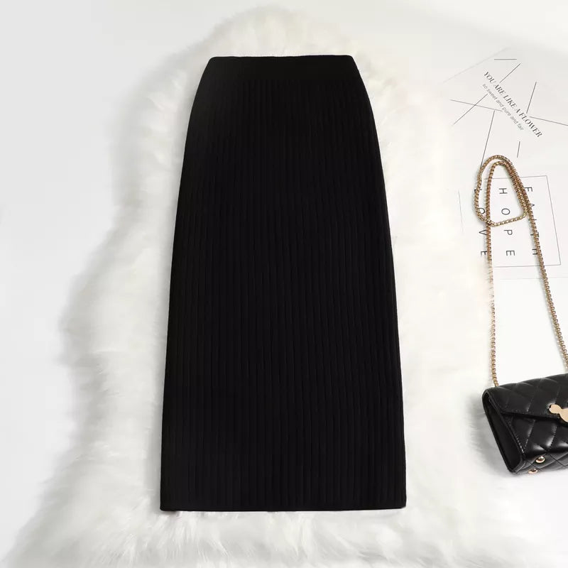 Women sweater skirt pencil midi knitted skirt high waist skirts womens winter long warm knitting skirts split bottoms black