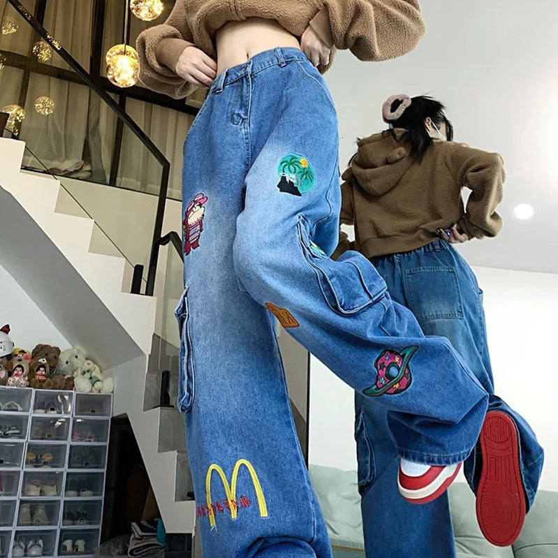 American Pink Cartoon Embroidered Baggy Cargo Mom Jeans for Women Spring New Waist Slimming Wide Leg Pants Trousers Female