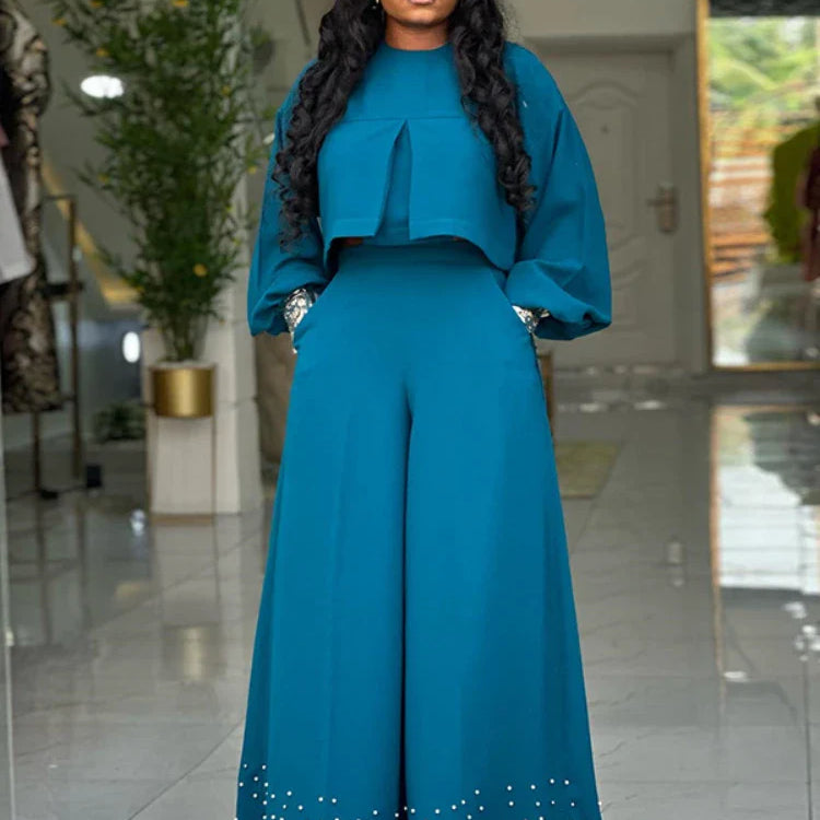 CM.YAYA Women's Set Long Sleeve High Low Maxi Blouse and Pearl Beading Wide Leg Pants 2025 Two 2 Piece Sets Outfits Tracksuit