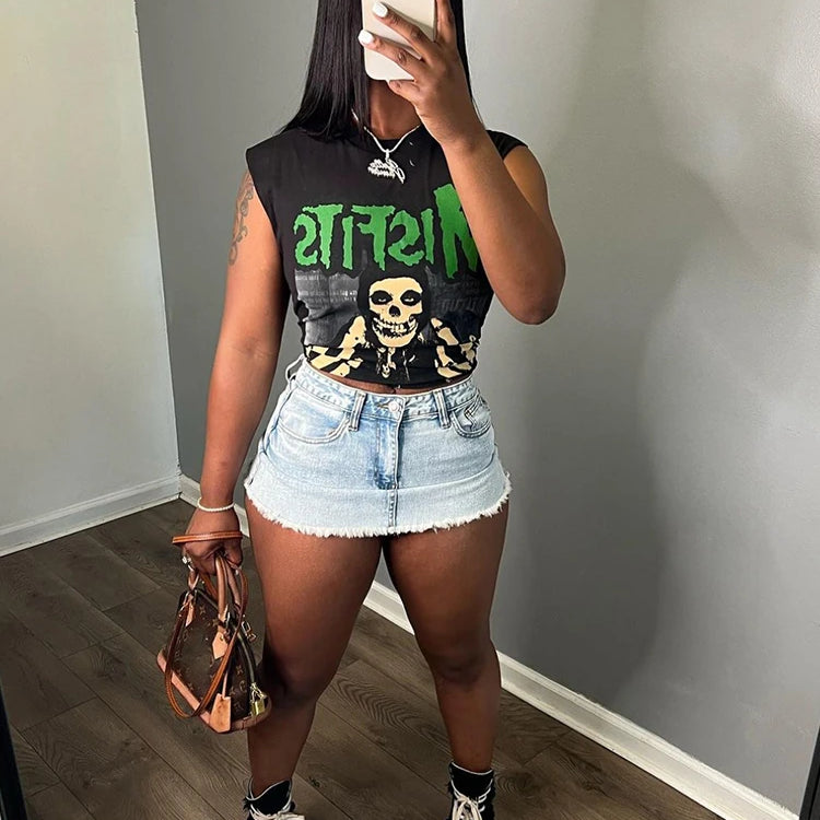 Weird Puss Halloween Style Women Crop Tops Skull Letter Print O Neck Sleeveless Causal Basic Vest Festival Party Y2K Streetwear