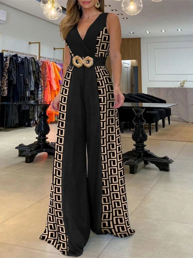 2023 Set of One Fashion Pieces for Women Outfits Geometric Print Wide Leg Jumpsuit Without Belt Casual Ropa Mujer Free Shipping