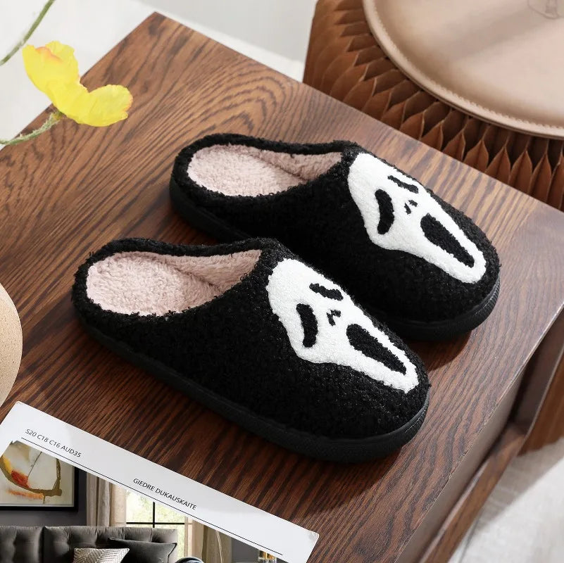 Winter Warm Plush Slippers Women's Halloween Black Ghostface Home Cotten Slippers Men Flip Flops Indoor Floor Slippers Gifts
