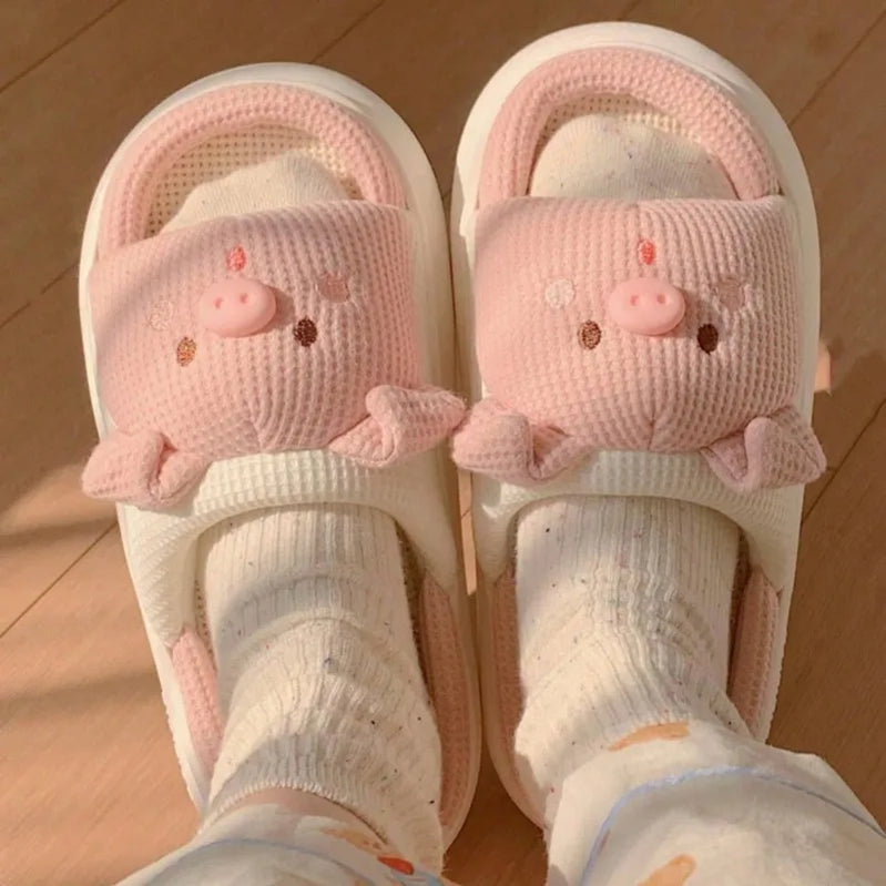 Pink 3.5cm Fashion Soft Ladies Casual Cute Piggy Pattern Design Comfortable Female Linen Home Slippers