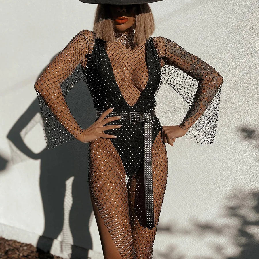 Y2K Sexy Shiny Rhinestones Grid Fishnet Dress Long Sleeve Hollow Out Side Slit Dress Beach Cover Up Breathable Lady Vestidos