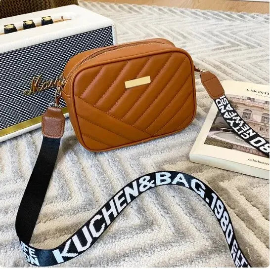 Womens Fresh And Sweet Horizontal Square Rolling Camera Collar Grid Crossbody Storage One Shoulder Phone Bag brown