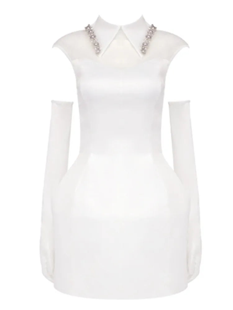 Luxury Women Celebrity Sexy Tank White Pearl Diamonds A Line White Mini Bodycon Dress Elegant Evening Club Party Dress